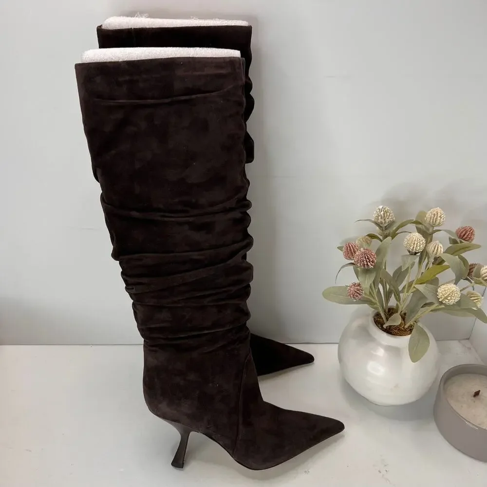 Michael Kors Luna Suede Knee High Pointed Toe Boot Chocolate Brown Women 7M NWB